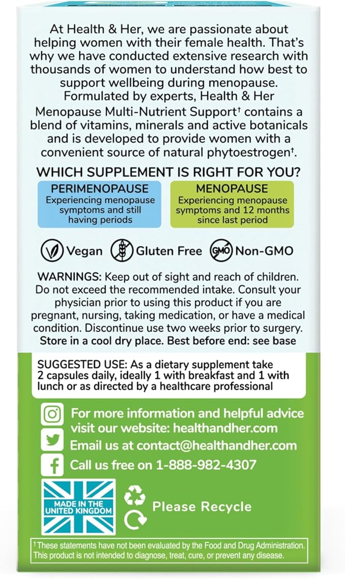 Health & Her Menopause Supplements for Women - Multi-Nutrient Support, Menopause Vitamins for Energy, Bones, Muscles, Skin & Hair, Vegan, Gluten-Free, Non GMO (60ct - 1 Month)