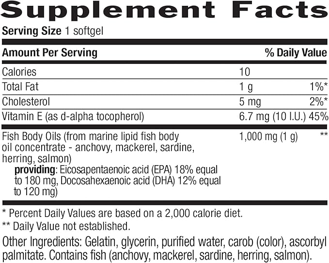 Country Life Omega-3 Fish Oil Supplement, 1000mg, 180mg EPA & 120mg DHA, Fish Oil Concentrate, Burpless, 200 Softgels, Certified Gluten Free