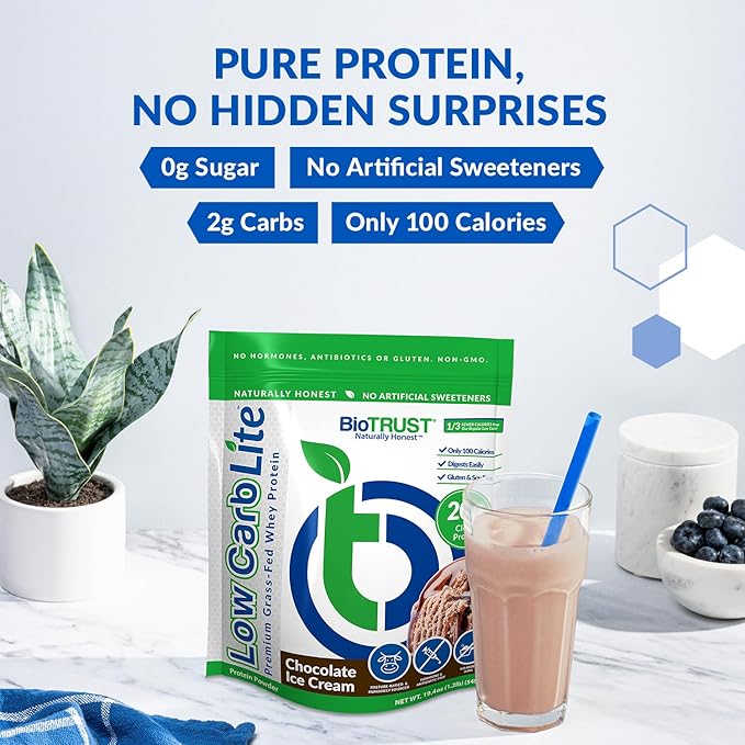 BioTrust Low Carb Lite, 20 Grams of Grass-Fed Whey Protein Isolate, 100 Calories, ProHydrolase Digestive Enzymes, Non-GMO, Free from Soy and Gluten, rBGH-Free (14 Servings) (Chocolate Ice Cream)