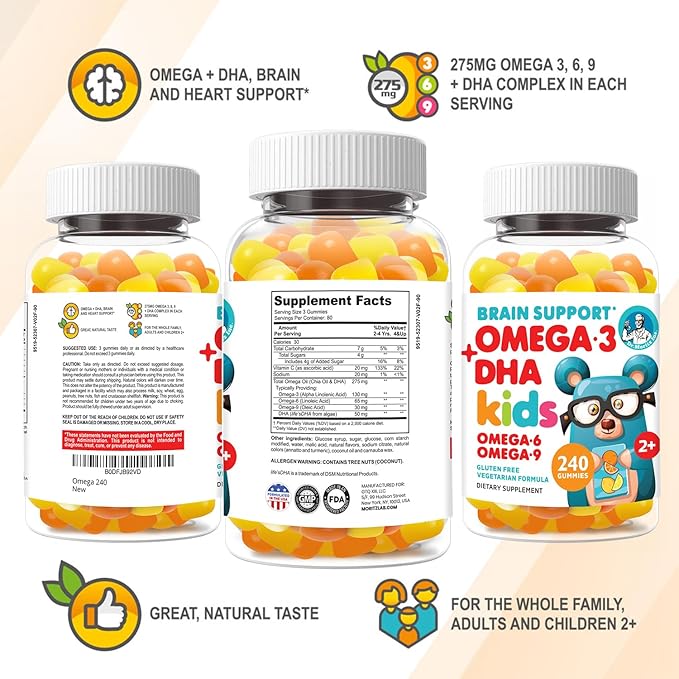 DR. MORITZ Vegan Omega 3 Gummies for Kids and Toddlers (240 Count), Kids Omega 3 Gummies for Brain & Heart Health, No Fish Oil & Gluten Free