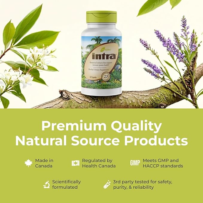 Intra Lifestyles Capsules - Herbal Supplement for Immune Support, Detox, Digestive & Cardiovascular Health – 23 Botanical Extracts – Made in Canada – 64 Capsules