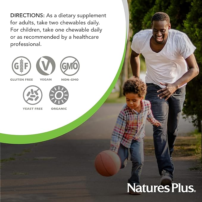 Natures Plus Source of Life Garden Certified Organic Family Chewable Multivitamin - 60 Vegan Chewables - Mixed Berry Flavor - for Adults & Children - Vegetarian, Gluten-Free - 30-60 Servings