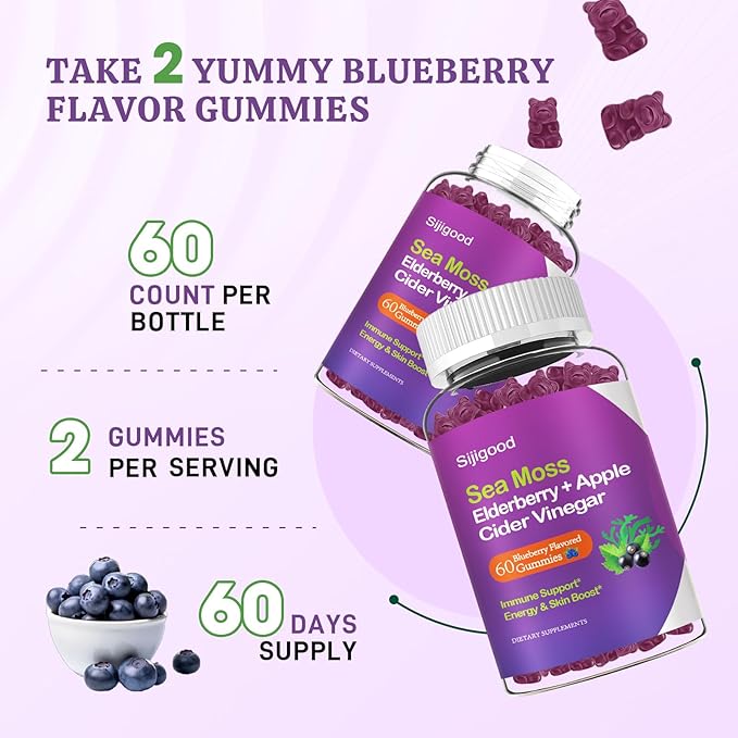 2 Pack Irish Sea Moss Gummies with Elderberry, Bladderwrack, Burdock, Chlorophyll - Digestion, Skin, Hair and Enhance Immunity - Adults Kids Women Men, 120 Blueberry Flavored Gummies