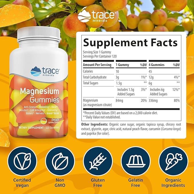 Trace Minerals Magnesium 84mg - Chewable Magnesium Supplement for Bone & Heart Health Support - Immune System Support - Aids Relaxation & Healthy Sleep - Peach, 120 Gummies (120 Servings)