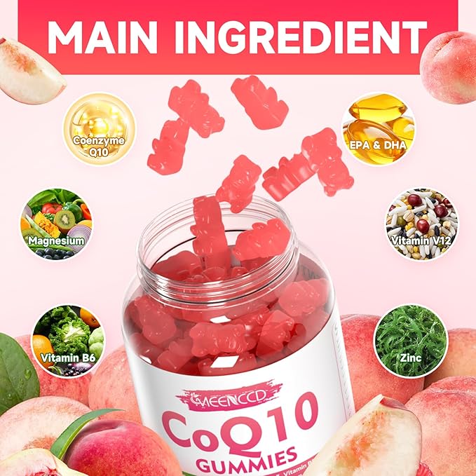 CoQ10 Gummies 250mg, Coenzyme Q10 Supplements Plus Omega-3, Vitamin B6 & Zinc, High Absorption CoQ10 Supplement for Cellular Energy & Antioxidant Support, Vegan, Peach Flavor, 120 Count