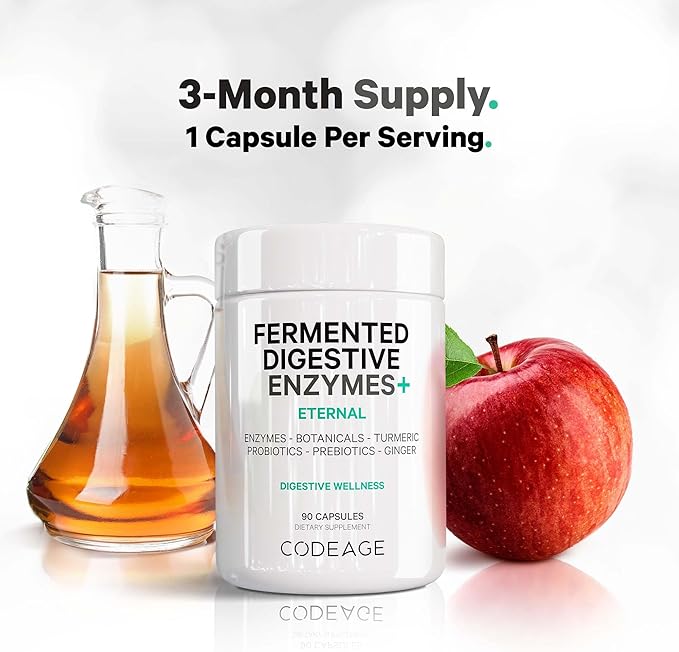 Codeage Fermented Digestive Enzymes Supplement 3-Month Supply - 14 Digestive Enzymes, Probiotics, Prebiotics, Fermented Botanicals, Plant-Based Multi Pancreatic Enzymes - 1 Capsule a Day - 90 Capsules