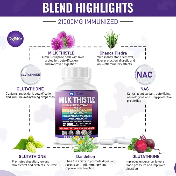 Milk Thistle Supplement 15000mg Organic Artichoke Chanca Piedra Dandelion Liver Protection Supplement Contains Glutathione NAC Beetroot Powder D3&K2 vitamins Mineral (29-IN-1)Made In USA