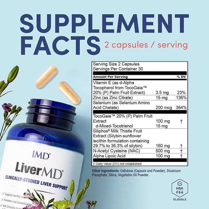 1MD Nutrition LiverMD - Liver Support Supplement | Siliphos Milk Thistle Extract & NAC - Supports Healthy Energy, Immunity & Overall Health - Liver Cleanse & Support | 60 Capsules