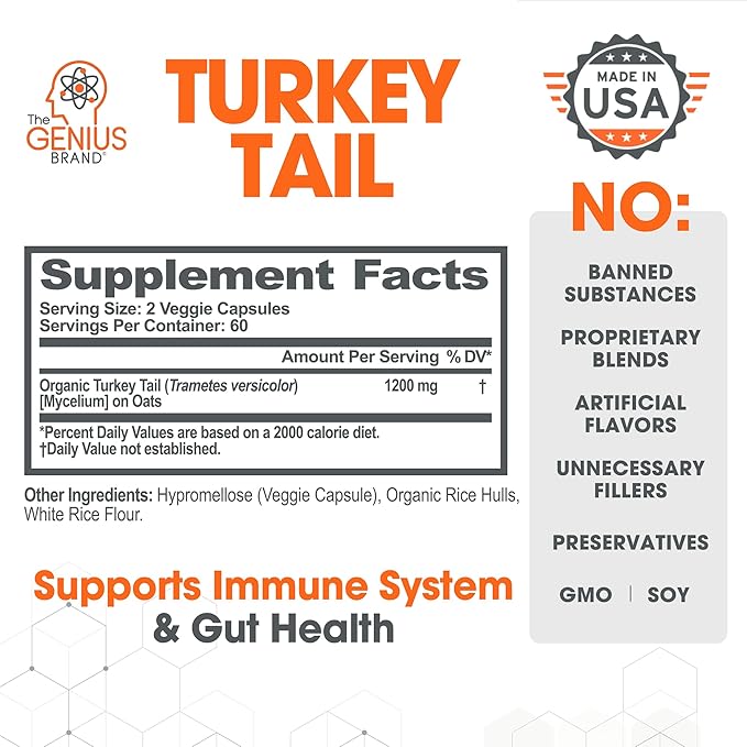 Genius Turkey Tail Mushroom Supplement – Immune & Gut Health Support Powerful Antioxidants & Prebiotics for Digestion & Wellness Organic, Pure, No Fillers 100 Capsules Natural Defense & Vitality Boost