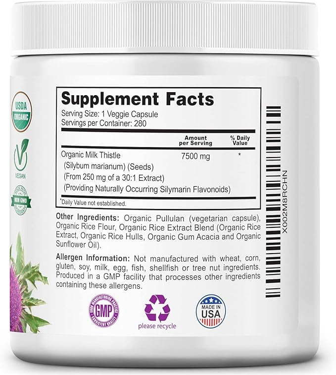 Milk Thistle Capsules, 280 Count, 7500 mg Strength, Potent 30:1 Extract, USDA Certified Organic, Rich in Silymarin Flavonoids, Vegan, Non-GMO and All-Natural