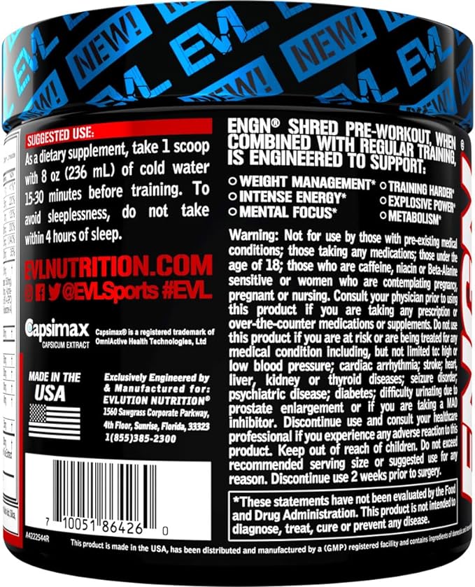 EVL Ultimate Pre Workout Powder - Thermogenic Fat Burner Preworkout Powder Drink for Lasting Energy Focus and Stamina - ENGN Shred Intense Fat Burning Creatine Free Preworkout Drink - Cherry Limeade