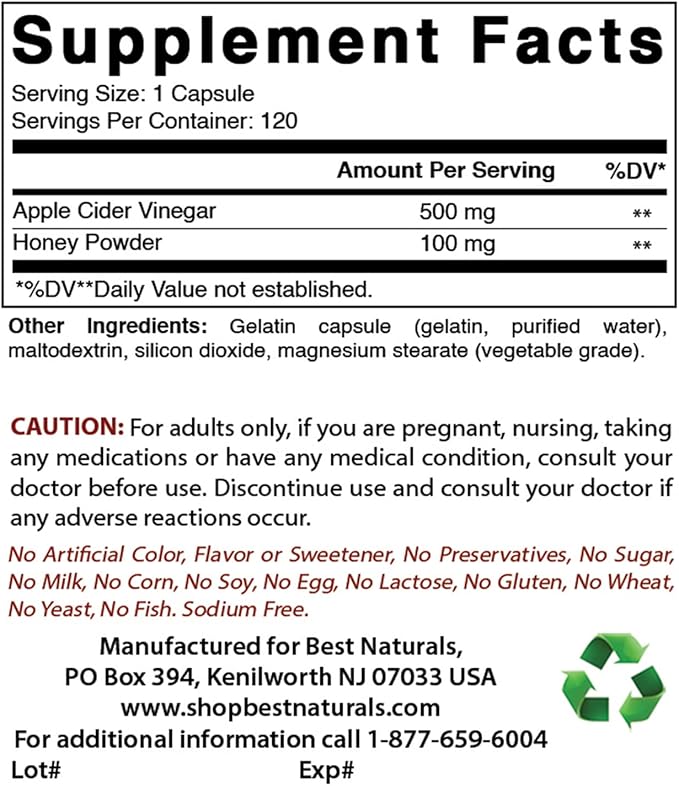 Best Naturals Apple Cider Vinegar Plus 600 Mg 120 Capsules - Vinegar Capsules for Healthier Digestion, Cleanse Body Naturally (Pack of 2)