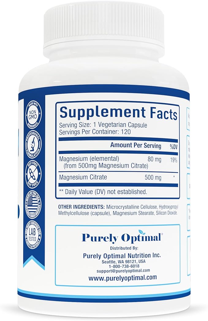 Purely Optimal Magnesium Citrate 500mg - Citrato de Magnesio, Supplement for Sleep, Heart, Nerves, Muscles - Gluten-Free, Non-GMO, 120 Capsules
