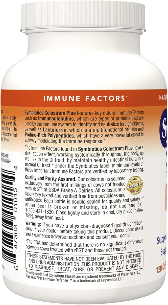 Symbiotics Colostrum 120ct Chewables Plus - Immunity Support for Adult & Kids - Lactoferrin Supplement & Colostrum Protein - Supports Digestion & Gut - 25% lgG Antibodies, Gluten Free - Orange Creme