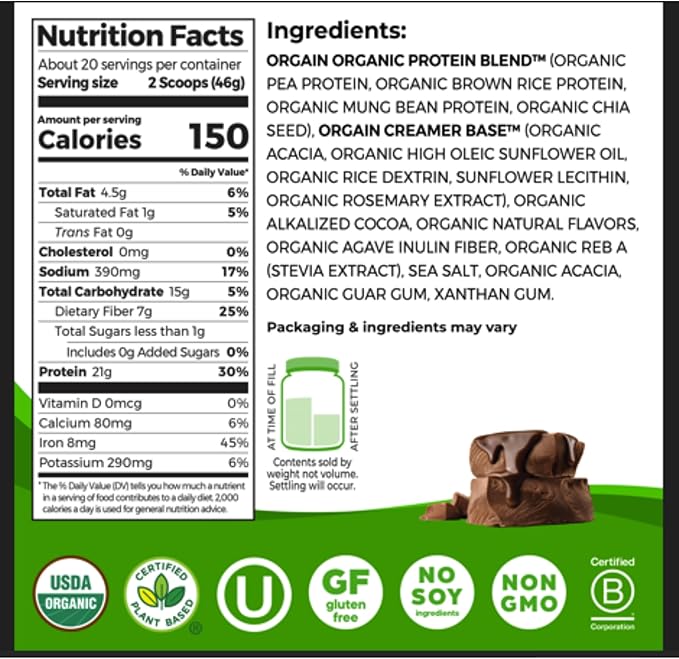 Orgain Organic Vegan Protein Powder, Creamy Chocolate Fudge - 21g Plant Protein, 6g Prebiotic Fiber, Low Net Carb, No Lactose Ingredients, No Added Sugar, Non-GMO, For Shakes & Smoothies, 2.03 lb