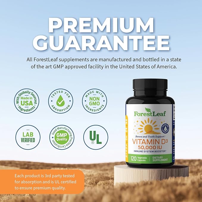 ForestLeaf - Vitamin D3 IU Weekly Supplement - Vitamin D Capsules for Bones, Teeth, and Immune Support - Easy Swallow Pure Vitamin D3 Caps (50,000 IU - 120 Count - 2 Pack)