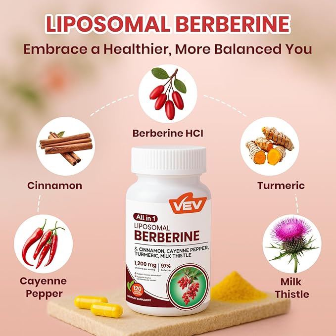 VEV Berberine Supplement with Ceylon Cinnamon, Cayenne Pepper, Turmeric, Milk Thistle, Vegan & Non-GMO – 120 Capsules