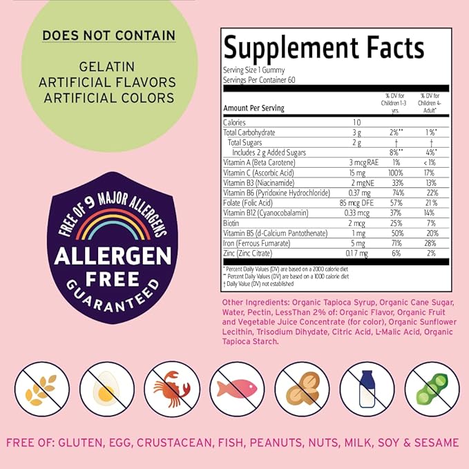 Vitamin Friends - Vegan Multivitamin & Iron for Kids - Daily Nutritional Support Gummies w/Ferrous Fumarate B-Complex, Vitamin C, Zinc, Biotin - Body Function & Anemia - Strawberry Jam(60 Day Supply)