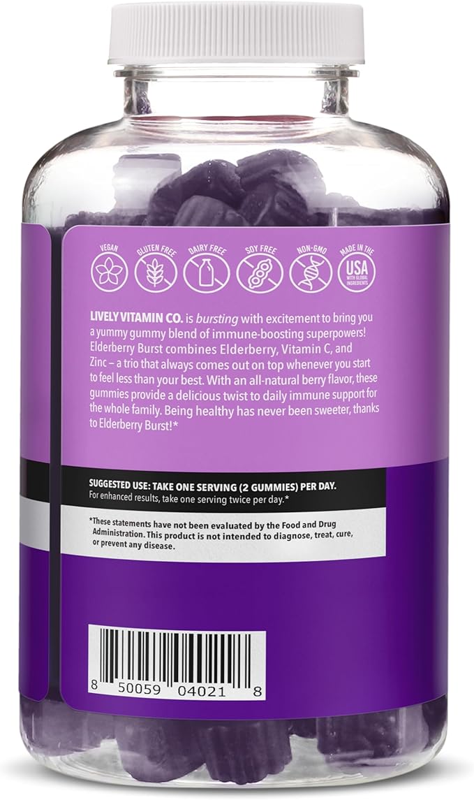 LIVELY VITAMIN CO. Elderberry Burst Gummies for Kids & Adults - Boosts Immune Health - Helps Avoid Colds & Illness - Black Elderberry, Vitamin C & Zinc - 3 Grams of Sugar - No Gelatin - 120 Gummies
