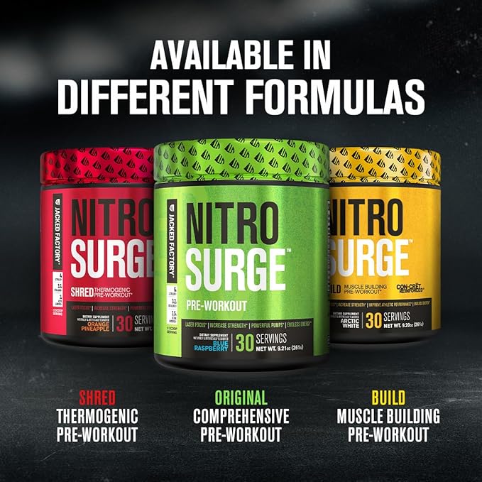 Jacked Factory NITROSURGE Pre Workout Supplement - Endless Energy, Instant Strength Gains, Clear Focus and Intense Pumps - NO Booster & Powerful Preworkout Energy Powder - 30 Servings, Black Cherry