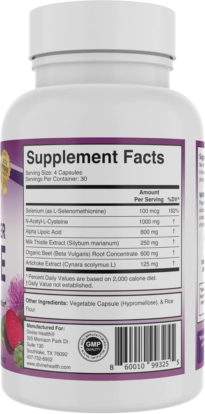 Divine Health Liver & Gallbladder Cleanse | N-Acetyl-L-Cysteine | Alpha Lipoic Acid | Milk Thistle | Organic Beet Root | Selenium | 120 Capsules