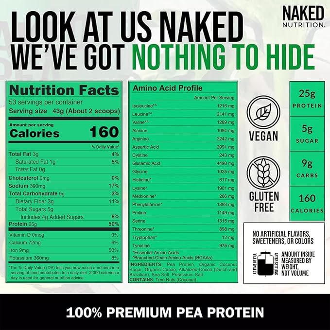 NAKED Pea - Double Chocolate Protein from US & Canadian Farms, Organic Cocoa, Organic Coconut Sugar - No GMO, No Soy, and Gluten Free, Aid Growth and Recovery - 53 Servings