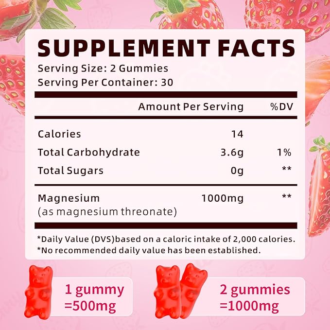 Magnesium L-Threonate Gummies 500mg, Suagr-Free Magnesium Threonate Supplement for Kids & Adults Muscle & Nervous Health Support, Strawberry Flavor 60 Count