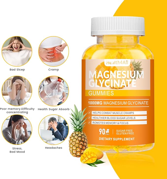 Magnesium Glycinate Gummies 1000mg, High Absorption Sugar Free Magnesium Potassium Supplement for Relaxation, Stress Relief, and Sleep Support for Adults & Kids - 90 Mango Pineapple Gummies