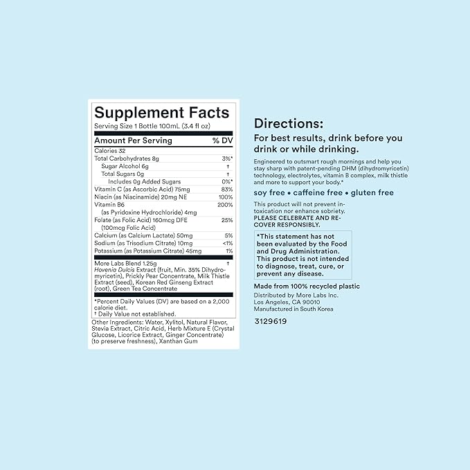 Morning Recovery Electrolyte, Milk Thistle Drink Proprietary Formulation to Hydrate While Drinking for Morning Recovery, Highly Soluble Liquid DHM, Sugar-Free Lemon, Pack of 6