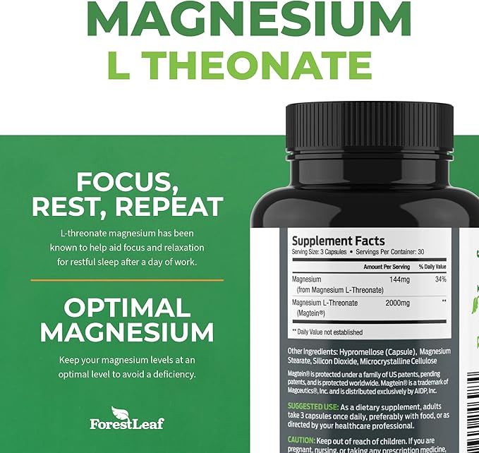 Forest Leaf Magnesium L-Threonate Magtein Capsules - 2000mg Magnesium Threonate Supplement Supports Cognitive Function, Focus, Brain, Deep Calm and Sleep for Men & Women | 90 Powder Veg Caps