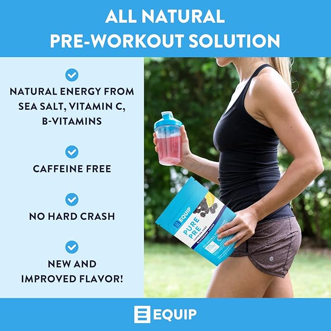 Equip Foods Pure Pre All Natural Pre-Workout Powder | Caffeine Free, EAA, Vitamin C, B6, B12, L-carnitine, Agnine | Naturally Boosts Workouts | 30 Servings, BlackBerry Lemon Decaffeinated