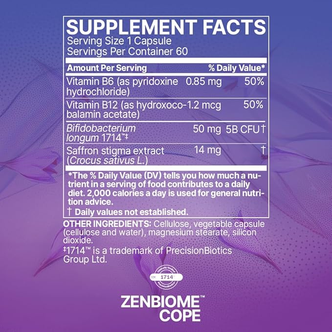 Microbiome Labs Zenbiome COPE - Probiotic Mood Support Supplement with Vitamin B6, B12 & Saffron Extract - Promotes Better Occasional Stress Coping (60 Capsules)