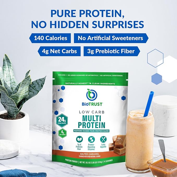 BioTrust Low Carb Protein Powder - Healthy Isolated Whey Protein Powder and Casein Blend from Grass-Fed, Pasture-Raised Cattle, Plus Digestive Enzymes - Salted Caramel, 14 Servings