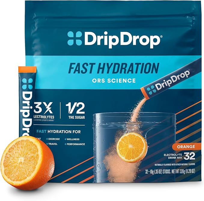 DripDrop Hydration - Orange - Electrolyte Drink Mix Single Serve Hydration Powder Packets | Non-GMO, Gluten Free, Vegan | 32 Sticks