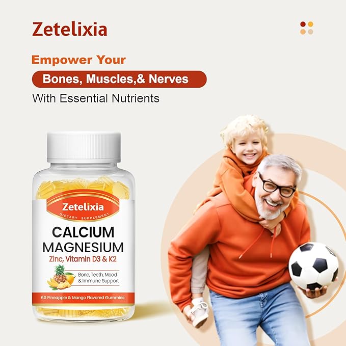 Calcium Gummies for Women Men, Calcium Magnesium Zinc with Vitamin D3 & K2, Calcium Magnesium Supplement for B0nes Muscles, Pineapple & Mango Flavor - 120 Count