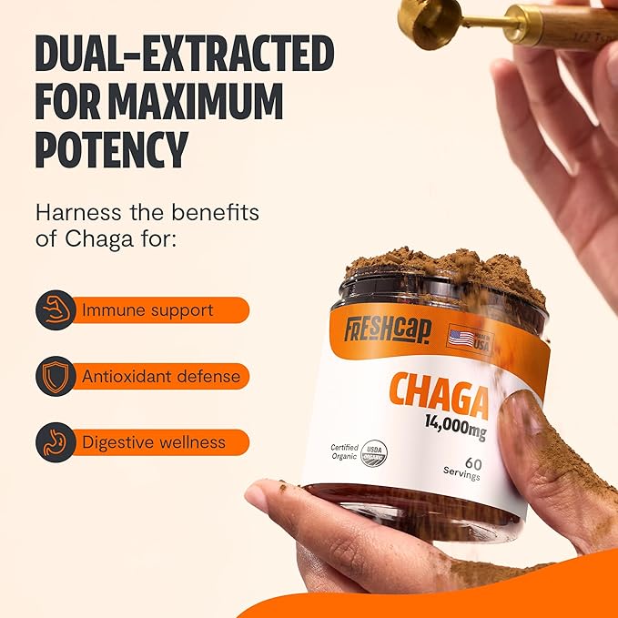 FreshCap Chaga Mushrooms Powder 14,000mg - Chaga Mushroom Extract for Immune and Antioxidants Support, Ayurveda Nootropic Supplement (60 Servings)