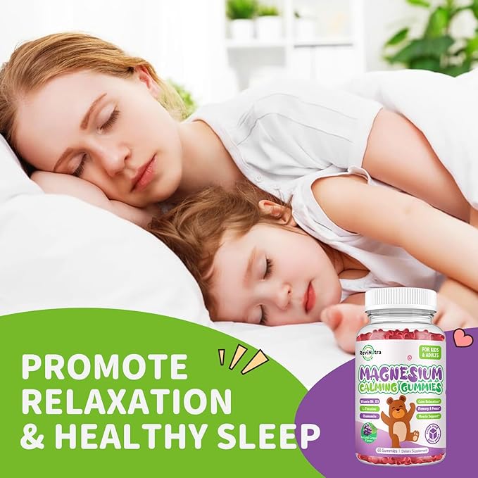 Magnesium Gummies for Kids - Magnesium Glycinate, L-Threonate Supplement with L-Theanine, Vitamin B6, D3 for Adults & Kids - Support Calm, Sleep, Relaxation, Brain, Bones, Sugar Free Grape 60ct