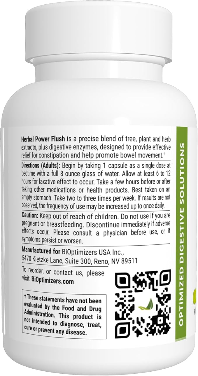 BiOptimizers Herbal Power Flush - Extra Strength Digestive Cleanse - Eliminate Toxins Improve Bowel Digestion - Bloating Discomfort Relief for Adults - 90 Capsules