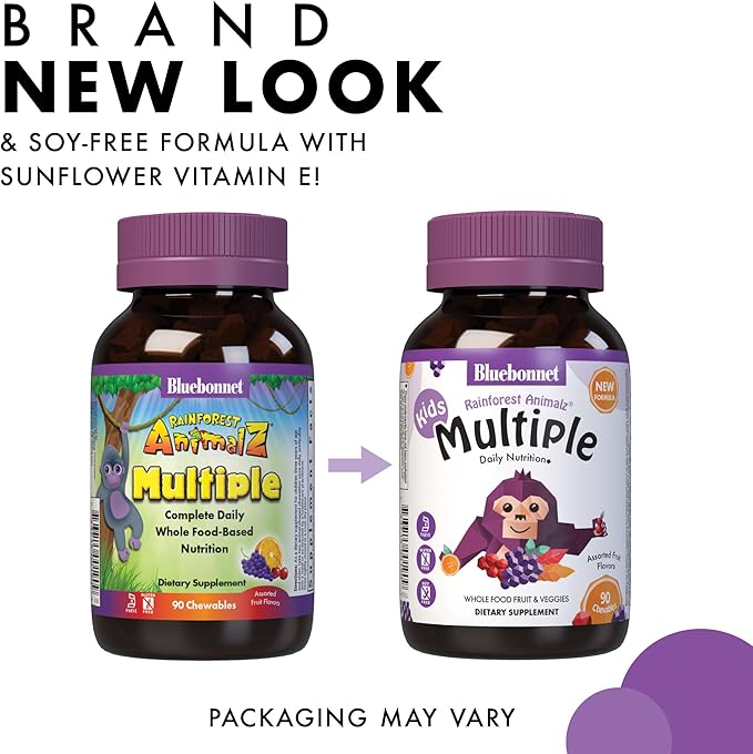 Bluebonnet Nutrition Rainforest Animalz Whole Food Based Multiple Chewable Tablet, Kids Multivitamin & Mineral, Vitamin C, D3, Iron, Gluten Free, Milk Free, Kosher, 180 Chewable Tablets, Mixed Flavor