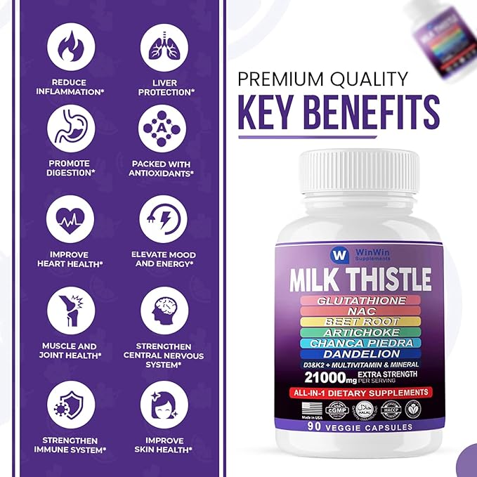 Milk Thistle Supplement 15000mg Organic Artichoke Chanca Piedra Dandelion Liver Protection Supplement Contains Glutathione NAC Beetroot Powder D3&K2 vitamins Mineral (29-IN-1)Made In USA