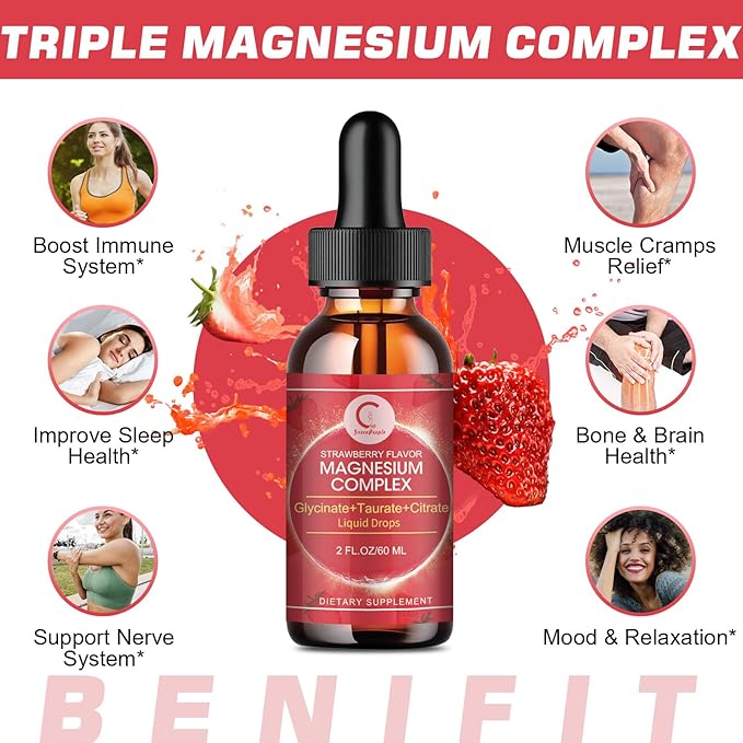 Triple Magnesium Complex Liquid Drops - Magnesium Glycinate Liquid Drops, Taurate & Citrate with L-theanine, Vitamin B6 for Sleep, Muscle, Immune Health, Vegan, Non-GMO, Strawberry Flavor, 2 Fl OZ