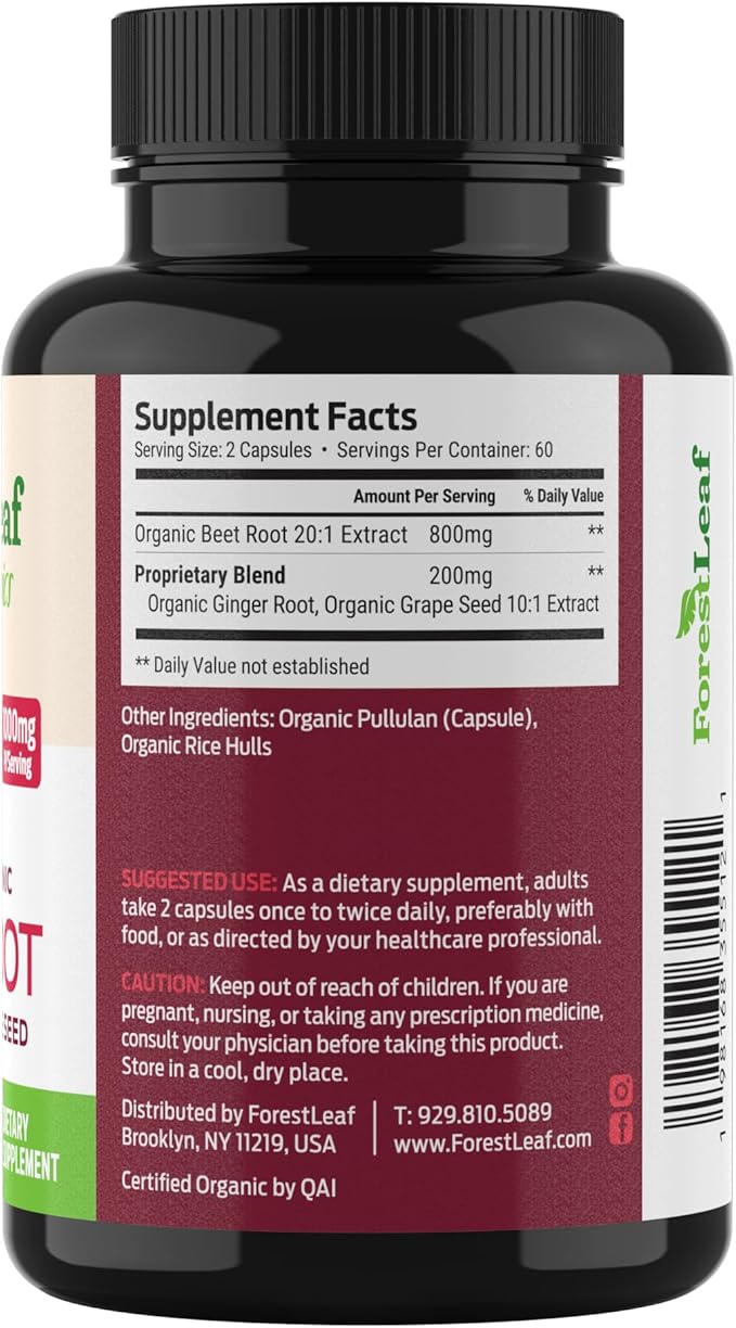 ForestLeaf Organic Beet Root Capsules - with Ginger & Grape Seed 16000mg Strength 20:1 Extract, Supports Nitric Oxide Production, Beets Supplements with Organic Non-GMO Beetroot Powder 120 Veggie Caps