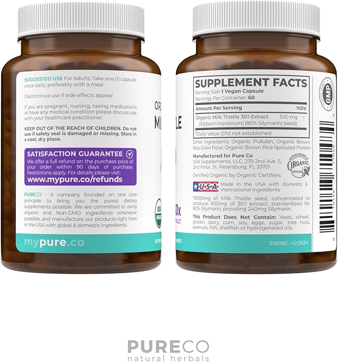 USDA Organic Milk Thistle Capsules - 80% Silymarin Supplement for Liver Support- Super Concentrated 300mg of 30:1 Milk Thistle Extract Equivalent to 9,000mg - Milk Thistle Liver Detox 60 Day Supply