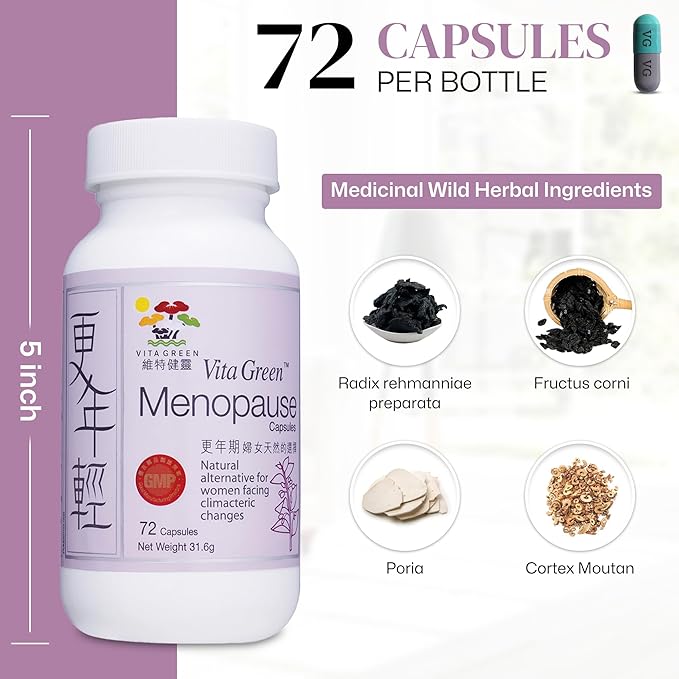 Vita Green Menopause Support Supplement – Natural Relief for Hot Flashes, Night Sweats, and Menopausal Symptoms – Supports Healthy Skin & Hair – 72 Capsules