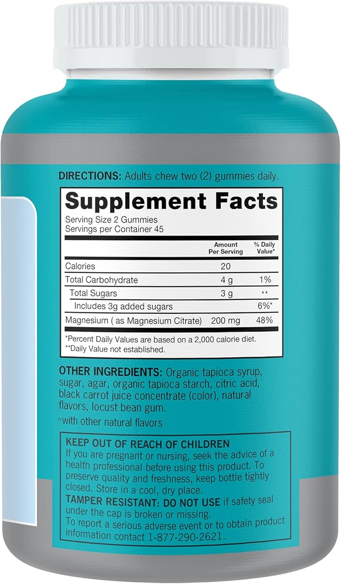 Qunol Magnesium Gummies for Adults, 200mg Elemental Magnesium (from 1,750mg Magnesium Citrate), High Absorption Magnesium Supplement, Supports Nerve, Bone and Muscle Health, Vegetarian, 90 Count