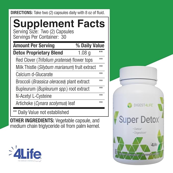 4Life Super Detox - Dietary Supplement Supports Detoxification and Healthy Liver Function - Supplement Formula with Artichoke, Calcium D-Glucarate, and Milk Thistle - 60 Capsules