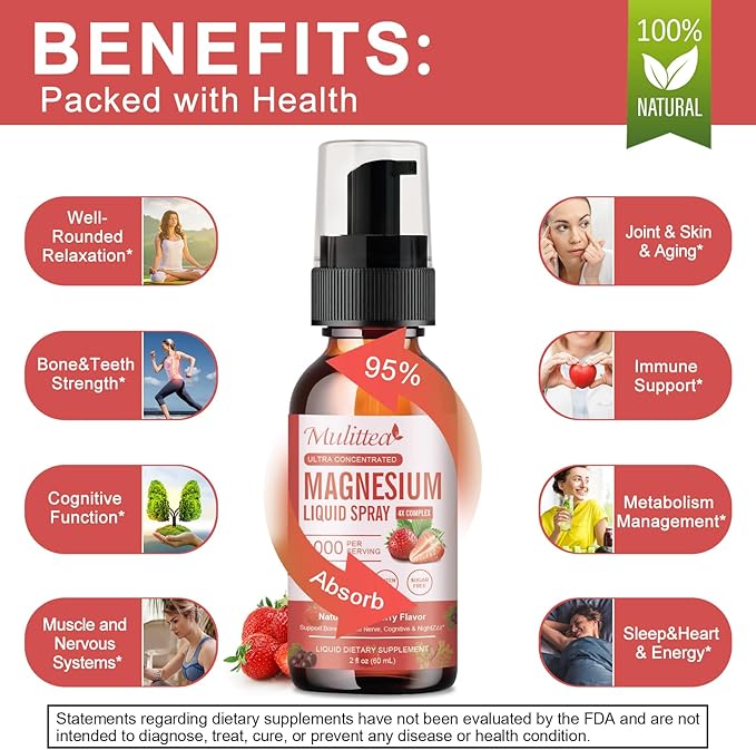 Magnesium Glycinate Liquid Spray with Citrate, Oxide & Malate, Magnesium with Whole Vitamin, L-Theanine, D3K2, B6 for Heart, Leg Cramps,Muscles&Energy- Sugar-Free Strawberry Flavor, 2 Fl Oz