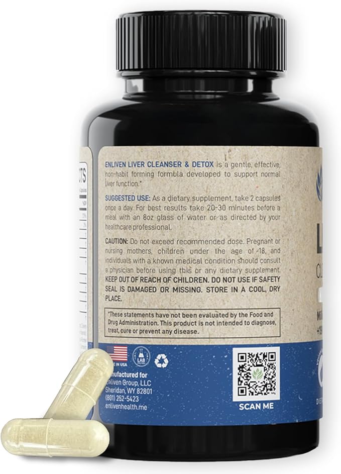enliven Liver Cleanse Detox & Repair Supplement | Supports Liver Health with Milk Thistle, Dandelion Artichoke | Non-GMO Fatty Liver Support - Men & Women | Made in The USA (60 Capsules)