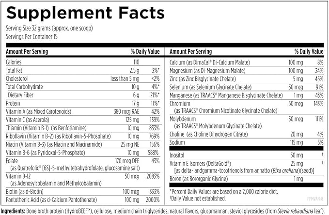 Designs for Health PaleoMeal - Bone Broth Protein Powder with 17g Protein, Meal Replacement Shake Dietary Supplement with Active Folate + Chelated Minerals, Vanilla (15 Servings / 480g)