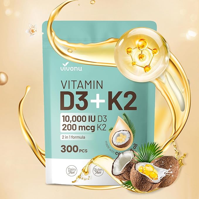 Vitamin D3 10000 iu Plus K2 (MK-7) 200 mcg, 300 Coconut Oil Softgels| 2 in 1 VIT D & K Complex | Supports Calcium Absorption, Bone, Immune, & Heart Health – Easy to Swallow (300 Softgels /1 Bag)